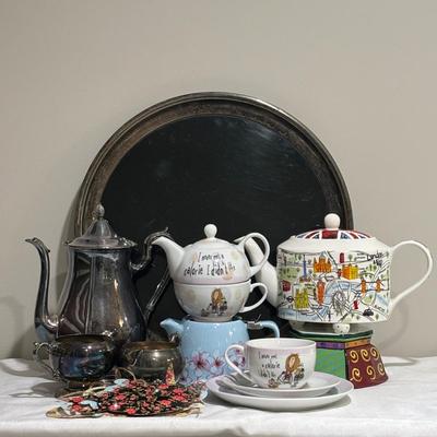 LOT 137: Reed & Barton Tea Pot and Willam Roger Service Set, Assorted Novelty Teapots,Cups and Saucers, Formica Tray, and More