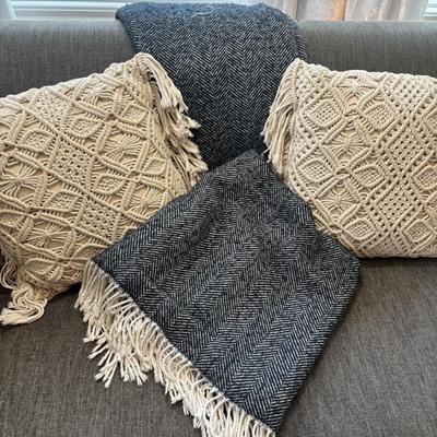 LOT 138: Pottery Barn Throw Blanket, and Decorative Macrame Pillows