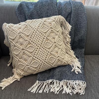 LOT 138: Pottery Barn Throw Blanket, and Decorative Macrame Pillows
