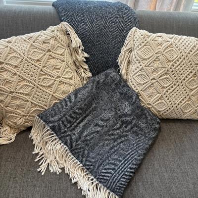 LOT 138: Pottery Barn Throw Blanket, and Decorative Macrame Pillows