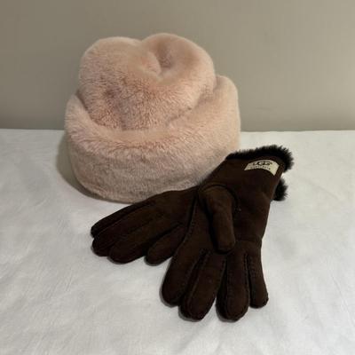 LOT 147: Ugg Fur Lined Gloves, Pink Faux Fur Hat, Banana Republic Scarf, and Sweater
