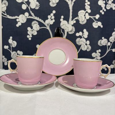 LOT 153: Time for Tea! KPM Porcelain Pink Cup Saucers, Dessert Plates. Royal Daulton, Bavaria & More