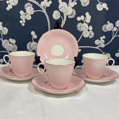 LOT 153: Time for Tea! KPM Porcelain Pink Cup Saucers, Dessert Plates. Royal Daulton, Bavaria & More