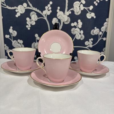 LOT 153: Time for Tea! KPM Porcelain Pink Cup Saucers, Dessert Plates. Royal Daulton, Bavaria & More