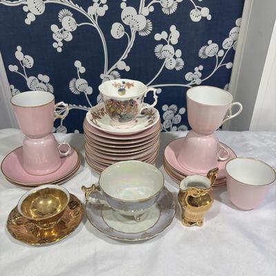 LOT 153: Time for Tea! KPM Porcelain Pink Cup Saucers, Dessert Plates. Royal Daulton, Bavaria & More