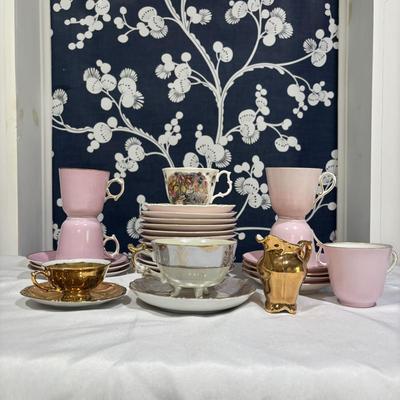 LOT 153: Time for Tea! KPM Porcelain Pink Cup Saucers, Dessert Plates. Royal Daulton, Bavaria & More