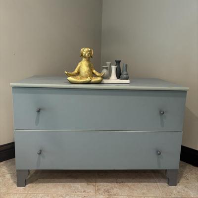 LOT 160: Small Chest of Drawers, Poly Resin Yoga Dog, Home Decor Connected Mini-Bud Vases & Towels