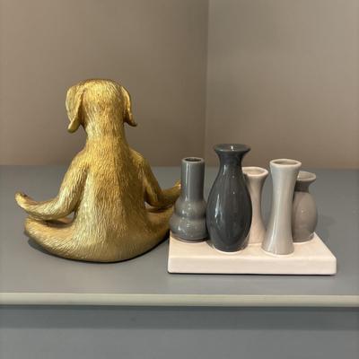 LOT 160: Small Chest of Drawers, Poly Resin Yoga Dog, Home Decor Connected Mini-Bud Vases & Towels