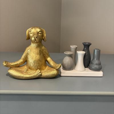 LOT 160: Small Chest of Drawers, Poly Resin Yoga Dog, Home Decor Connected Mini-Bud Vases & Towels