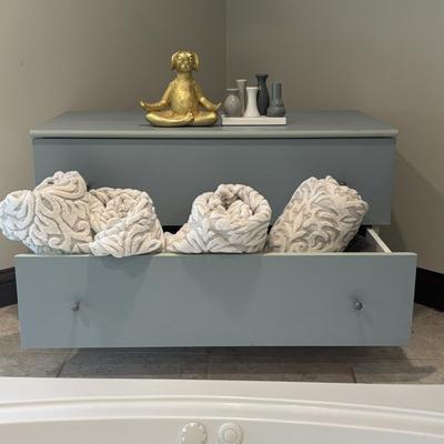 LOT 160: Small Chest of Drawers, Poly Resin Yoga Dog, Home Decor Connected Mini-Bud Vases & Towels