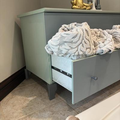 LOT 160: Small Chest of Drawers, Poly Resin Yoga Dog, Home Decor Connected Mini-Bud Vases & Towels