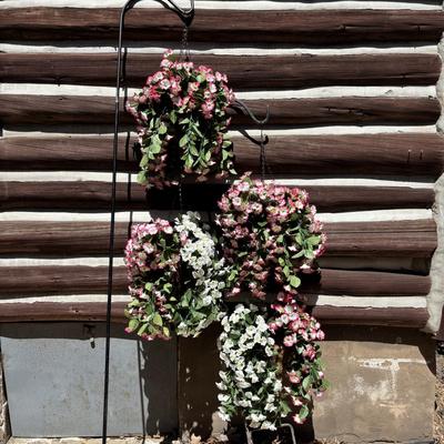 LOT 185: Shepards Hooks & 4 Hanging Cone Baskets & Faux Hanging Flowers