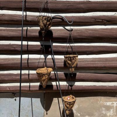 LOT 185: Shepards Hooks & 4 Hanging Cone Baskets & Faux Hanging Flowers