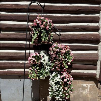 LOT 185: Shepards Hooks & 4 Hanging Cone Baskets & Faux Hanging Flowers