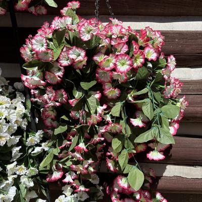 LOT 185: Shepards Hooks & 4 Hanging Cone Baskets & Faux Hanging Flowers