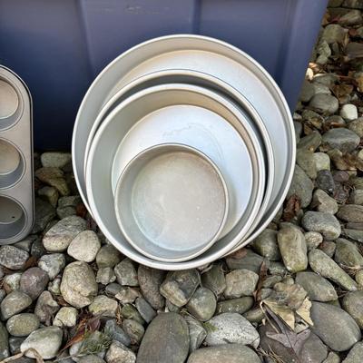 LOT 188: Wilton Cake Pans, Wooden Crated, Rubbermaid Tote & More