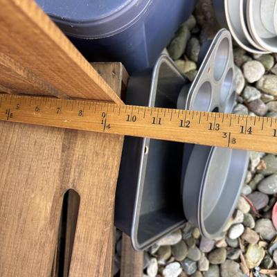 LOT 188: Wilton Cake Pans, Wooden Crated, Rubbermaid Tote & More