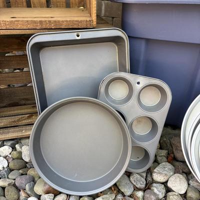 LOT 188: Wilton Cake Pans, Wooden Crated, Rubbermaid Tote & More