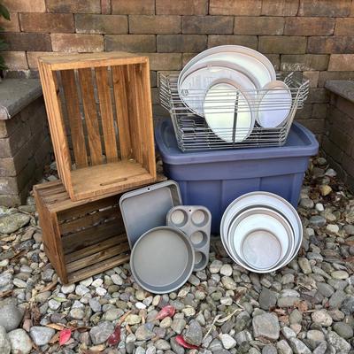 LOT 188: Wilton Cake Pans, Wooden Crated, Rubbermaid Tote & More