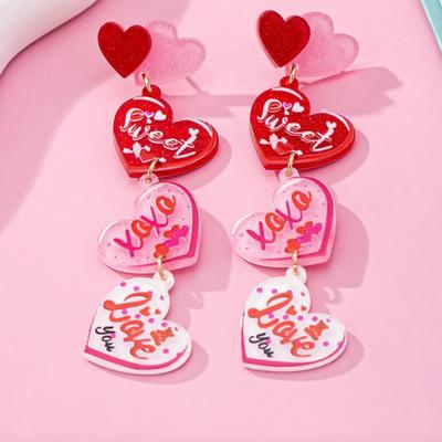 Pink Heart XOXO I Love You Sweet Conversation Heart Shaped Dangle Earrings w/Stainless Steel Posts - Women's Valentine's Day...