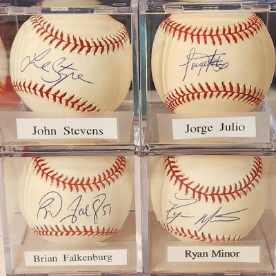Lot of 4 OMLB Signed Autographed Baseballs John Stevens, Jorge Julio, Brian Falkenburg, Ryan Minor