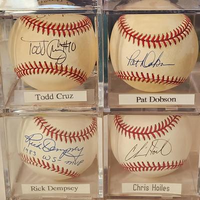 Lot of 4 Orioles OMLB Signed Autographed Baseballs Todd Cruz #10 , Pat Dobson, Rick Dempsey 1983 WS-MVP, Chris Hoiles