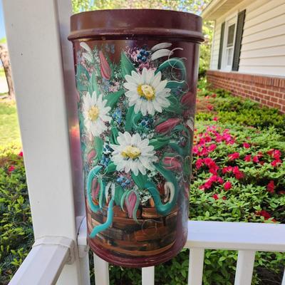 Hand painted Painted Heavy Metal Umbrella Stand Can 18" tall 9" Diameter