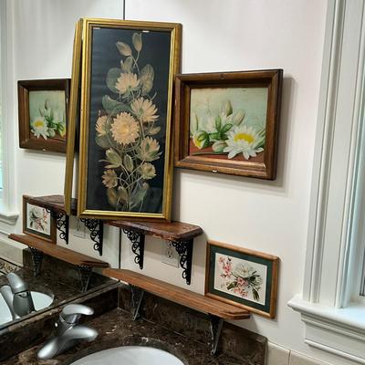 MB789 Antique Lotus Flower Prints With Two Wooden Wall Shelves
