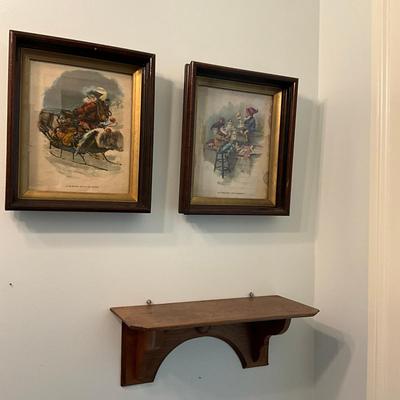 MC791 Pair Of Antique Victorian Xmas Prints With Wall Shelf