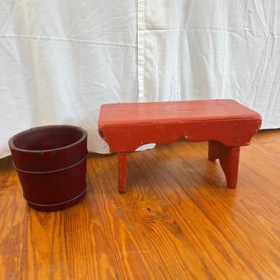 D797 Antique Small Red Paint Firkin Bucket with Childs Stool