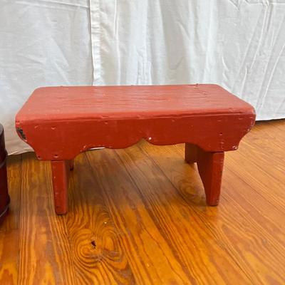 D797 Antique Small Red Paint Firkin Bucket with Childs Stool