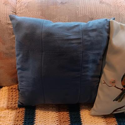 3 THROW PILLOWS AND A HAND CROCHETED THROW BLANKET