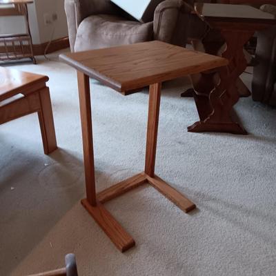 WOODEN LAYERED STOOL, TV TRAY STYLE TABLE AND A MAGAZINE HOLDER