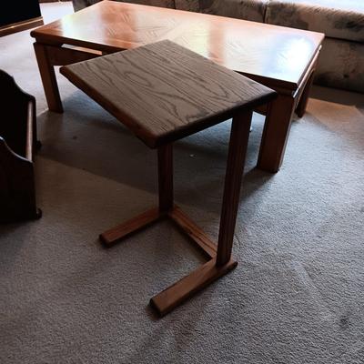 WOODEN LAYERED STOOL, TV TRAY STYLE TABLE AND A MAGAZINE HOLDER