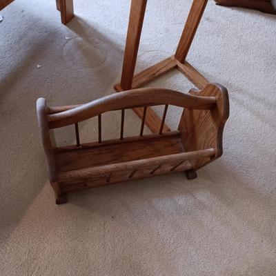 WOODEN LAYERED STOOL, TV TRAY STYLE TABLE AND A MAGAZINE HOLDER