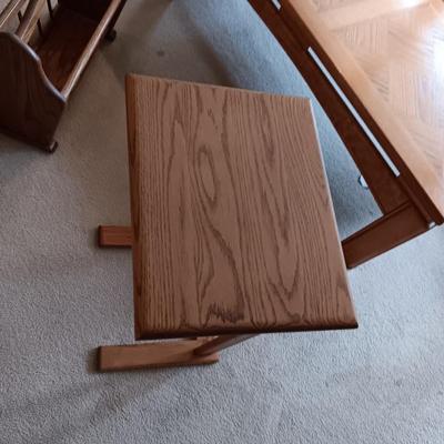 WOODEN LAYERED STOOL, TV TRAY STYLE TABLE AND A MAGAZINE HOLDER