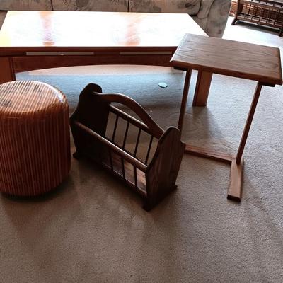 WOODEN LAYERED STOOL, TV TRAY STYLE TABLE AND A MAGAZINE HOLDER