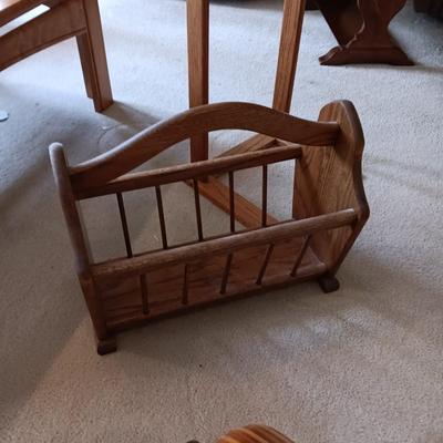 WOODEN LAYERED STOOL, TV TRAY STYLE TABLE AND A MAGAZINE HOLDER