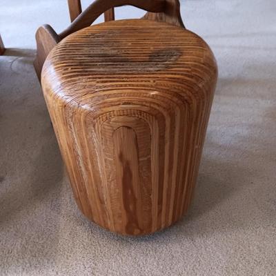 WOODEN LAYERED STOOL, TV TRAY STYLE TABLE AND A MAGAZINE HOLDER
