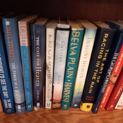 WOODEN BOOKSHELF WITH BOOKS AND DECOR