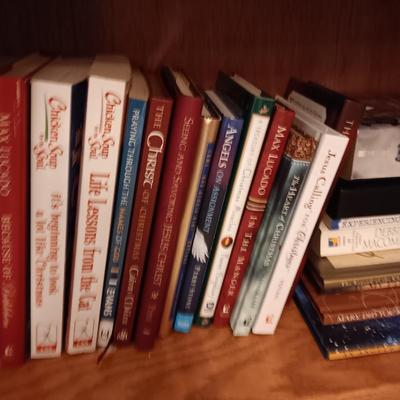 WOODEN BOOKSHELF WITH BOOKS AND DECOR