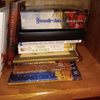 WOODEN BOOKSHELF WITH BOOKS AND DECOR