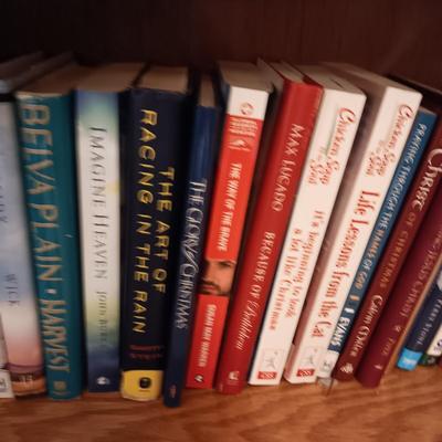 WOODEN BOOKSHELF WITH BOOKS AND DECOR
