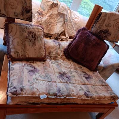 QUEEN SIZE COMFORTER, SHAMS, BEDSKIRT AND THROW PILLOWS PLUS A MATCHING SHOWER CURTAIN