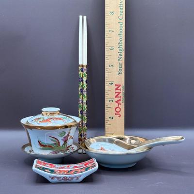 LOT 8D: Noritake Sylvia China Set, Vintage Chinese Cloisonne Chopsticks & More