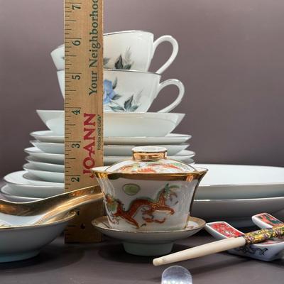 LOT 8D: Noritake Sylvia China Set, Vintage Chinese Cloisonne Chopsticks & More
