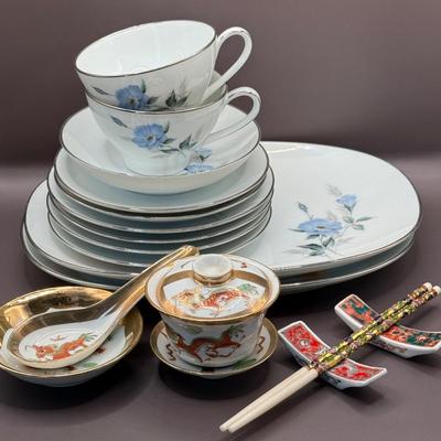 LOT 8D: Noritake Sylvia China Set, Vintage Chinese Cloisonne Chopsticks & More