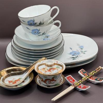 LOT 8D: Noritake Sylvia China Set, Vintage Chinese Cloisonne Chopsticks & More