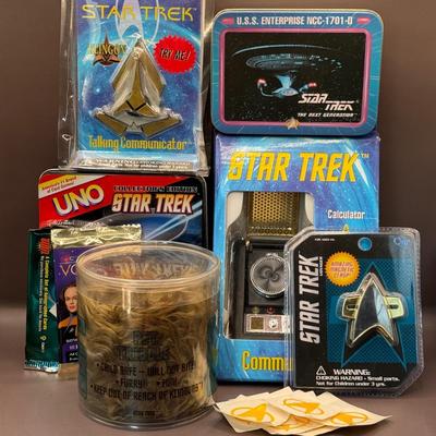 LOT 9P: Star Trek Collectibles - 1998 Star Trek Communicator In Open Box, Playing Cards In Tin, Badge & More