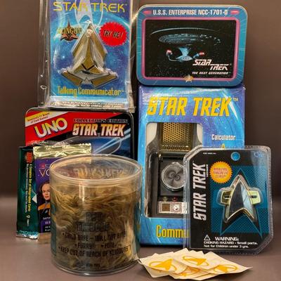 LOT 9P: Star Trek Collectibles - 1998 Star Trek Communicator In Open Box, Playing Cards In Tin, Badge & More